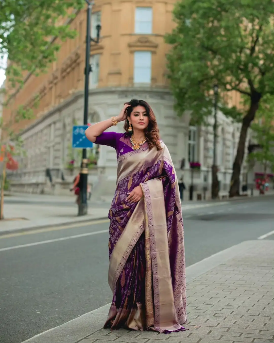 Sneha Wearing Beautiful Earrings Jewellery Blue Saree Blouse